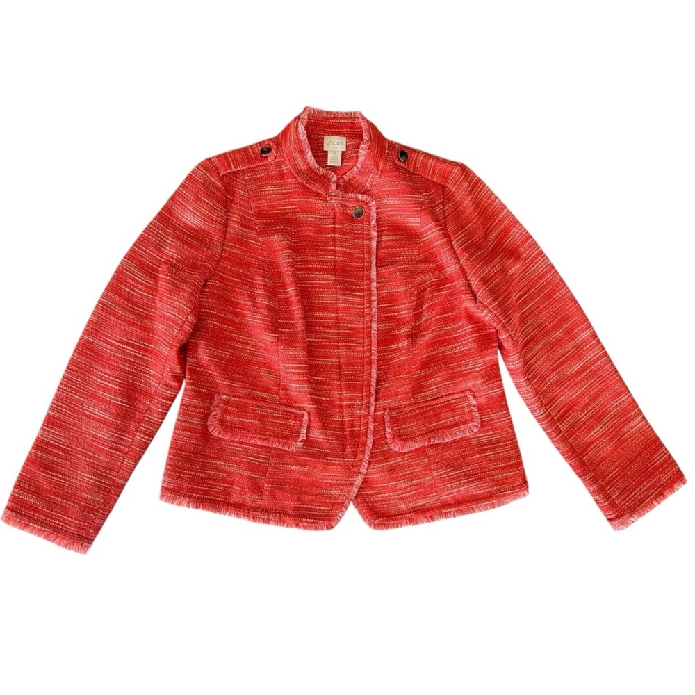 CHICO'S Textured Fringe Jacket Women size 1 Asymmetrical Tweed Garibaldi Orange